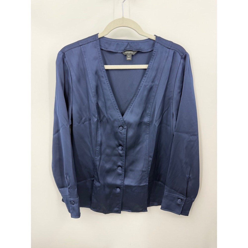 Banana Republic LS Seamed Silk Blouse Women 14 Navy Blue Satin V-Neck Top